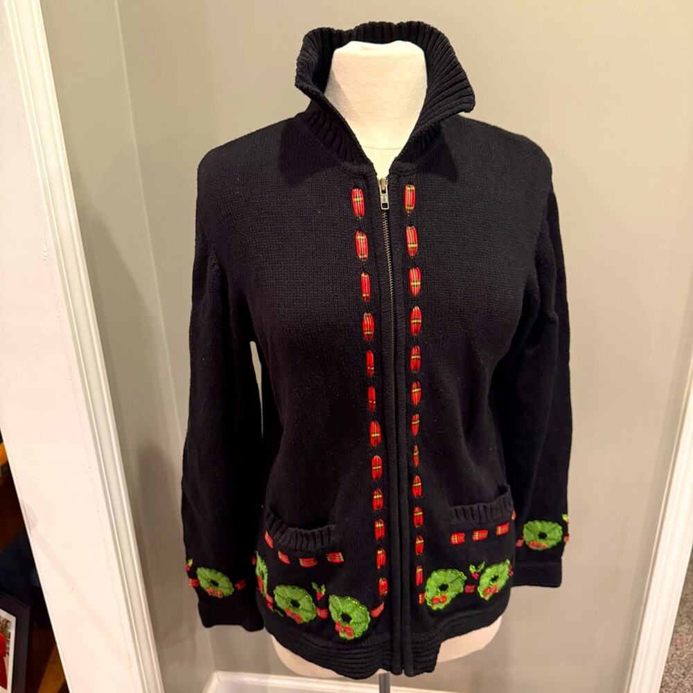 Vintage Christmas Wreath Zip Sweater Plaid Ribbon Applique Beaded Sz‎ Lrg Black